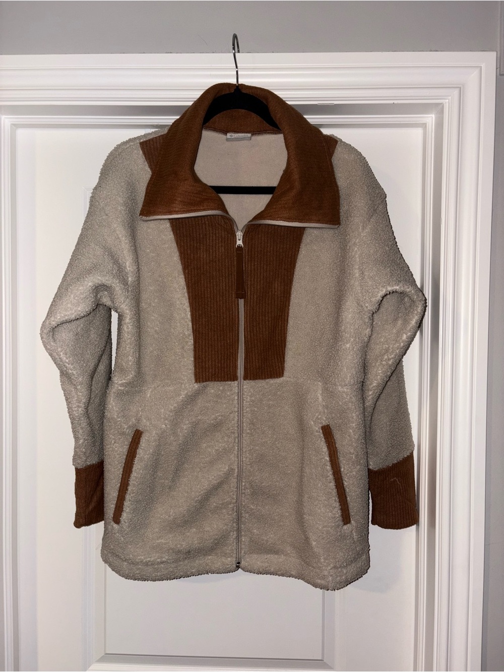 Columbia Beige Sherpa Zip Jacket with Brown Trim